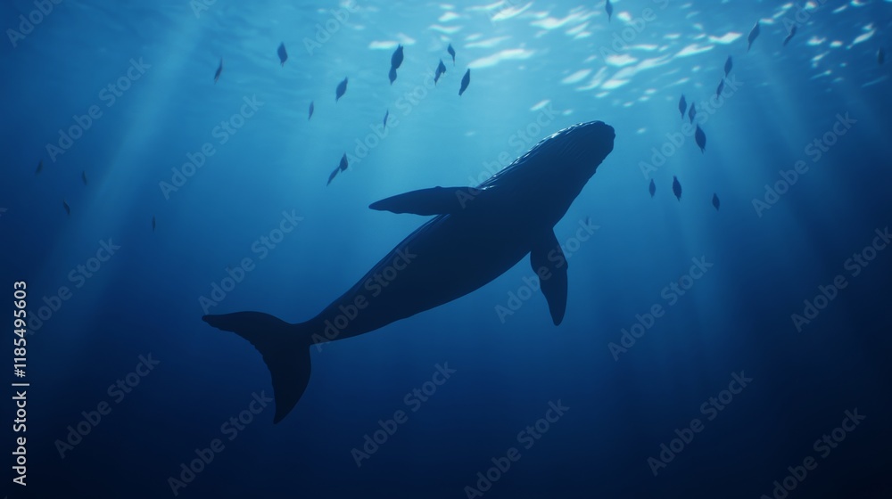 Fototapeta premium A big whale swimming in the deep blue ocean surrounded by small fish
