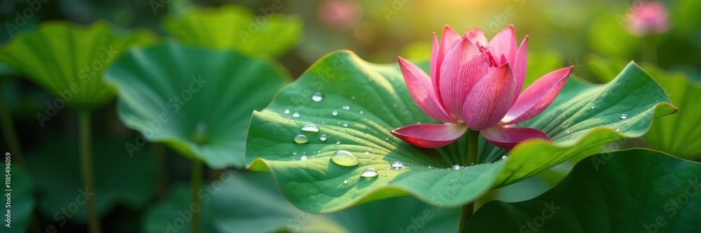 Multiple water droplets on lotus leaf, sunlight reflection, natural light, ray Multiple water droplets on lotus leaf, sunlight reflection, natural light, ray