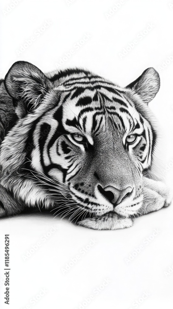 A tiger lying down, full body, on a white background A tiger lying down, full body, on a white background