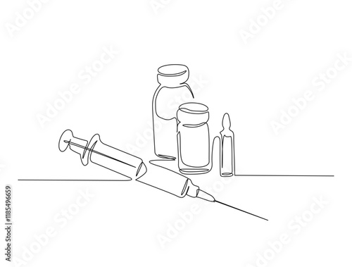 Continuous one line drawing of syringe and vial - medical equiptment. Vaccine and Injection Syringe in single line draw vector illustration. Editable stroke.