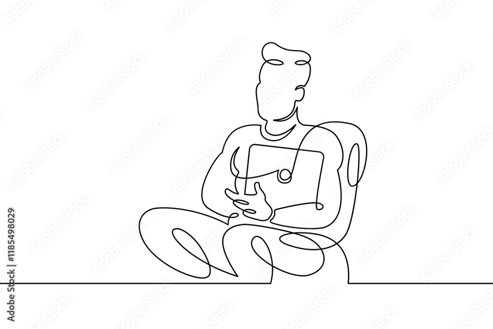 Portrait of a working man at a computer laptop. One continuous drawing line logo single hand drawn art doodle isolated minimal illustration.Designer journalist manager. Portrait of a working man at a computer laptop. One continuous drawing line logo single hand drawn art doodle isolated minimal illustration.Designer journalist manager.