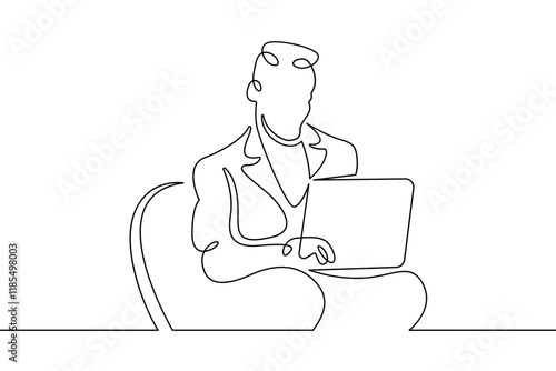 Portrait of a working man at a computer laptop. One continuous drawing line  logo single hand drawn art doodle isolated minimal illustration.Designer journalist manager.