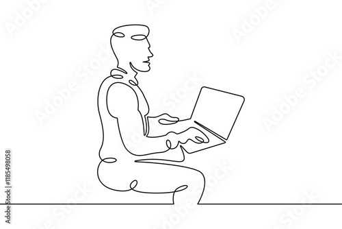 Portrait of a working man at a computer laptop. One continuous drawing line  logo single hand drawn art doodle isolated minimal illustration.Designer journalist manager.