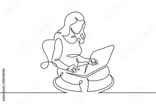 Portrait of a young woman girl working at a laptop computer. Training and education. One continuous drawing line, logo single hand drawn art doodle isolated minimal illustration.