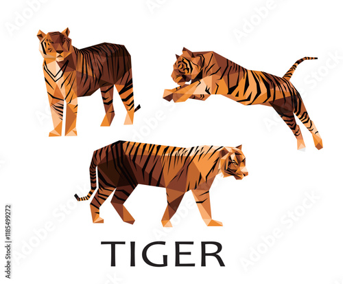 Tiger Vector illustration polygon Set. Vector Set Logo of Abstract Tiger. Angry tiger polygon for kids animal book