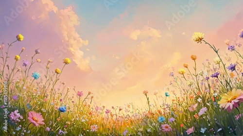 Vibrant Wildflower Meadow at Sunset: A Romantic Impressionist Painting