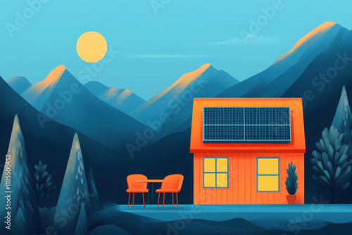 A cozy solar-powered house in a mountainous landscape with sunset. photo