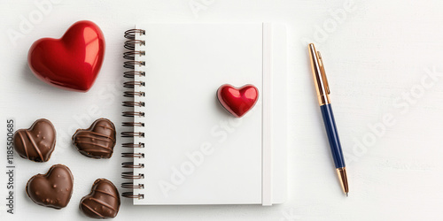 Pen and Notebook giftset for Valentine's Day concept. Blank notebook with heart-shaped chocolates and red hearts on a white background photo