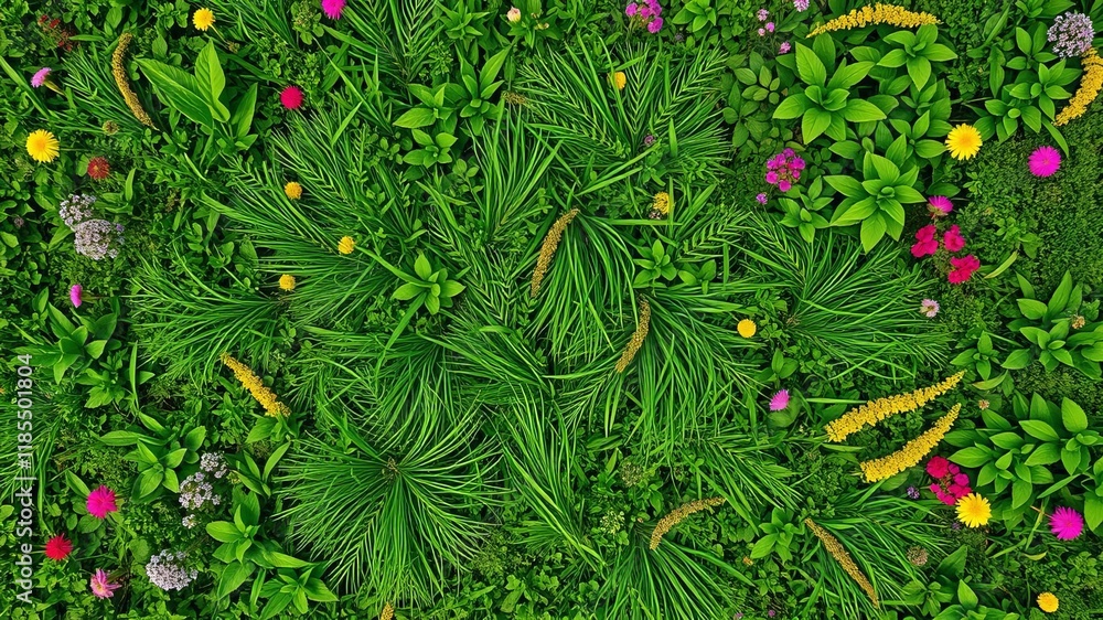 Aerial view of lush green grass texture background shot from drone, vegetation, nature, environment