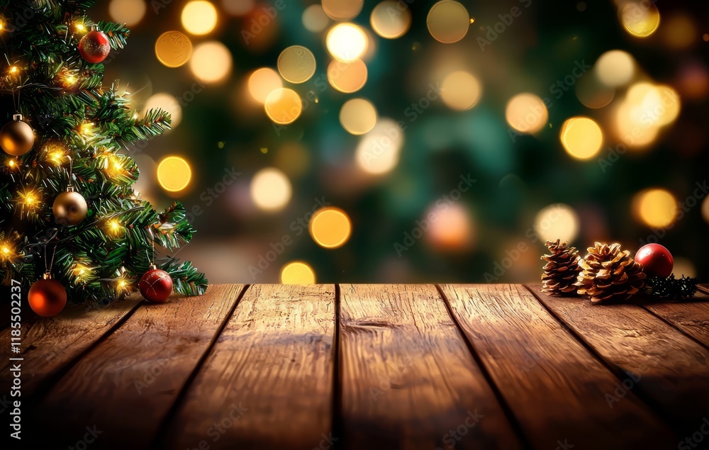 The soft bokeh lights create a warm ambiance around the wooden table. The soft bokeh lights create a warm ambiance around the wooden table.