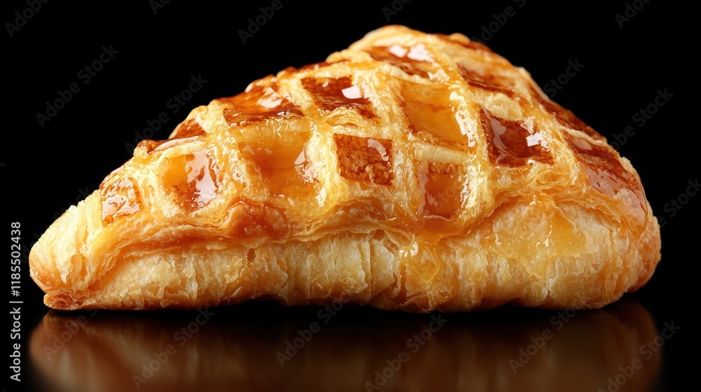 A mouthwatering golden-brown pastry with a lattice top and a sweet glaze, captured in a close-up studio shot against a black background. A mouthwatering golden-brown pastry with a lattice top and a sweet glaze, captured in a close-up studio shot against a black background.