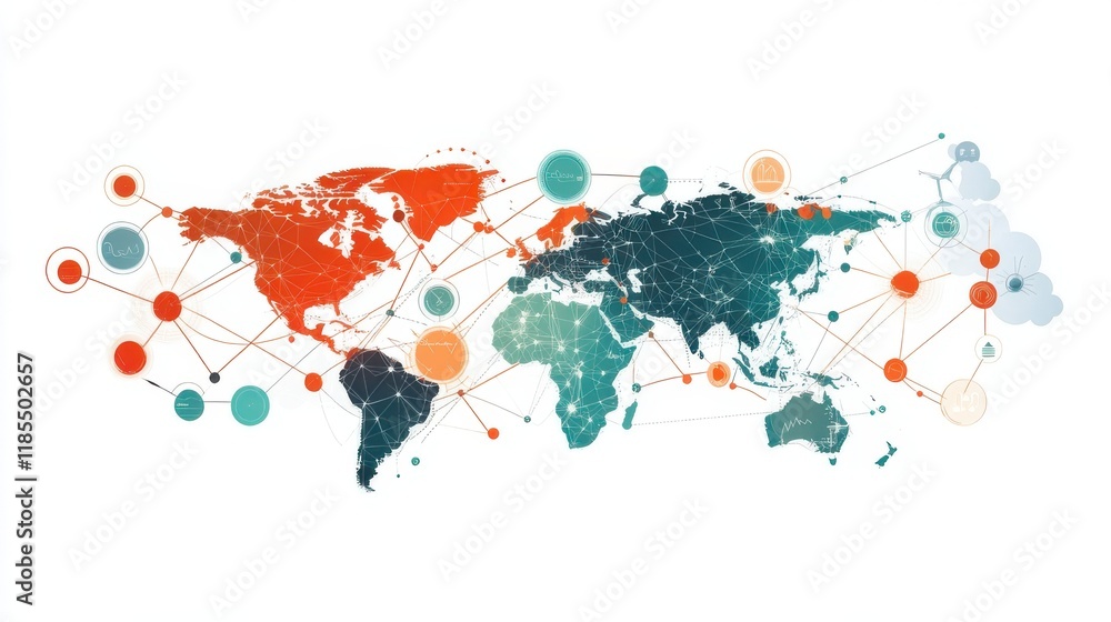 Obraz premium Global Network Connections: A stylized world map illustration showcases interconnectedness through a network of nodes and lines, symbolizing global communication, collaboration.