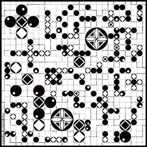 Rhythm of Forms. This image showcases an intricate geometric pattern composed of circles, squares, and lines that connect to form a captivating design. The geometric shapes vary in size and arrangemen