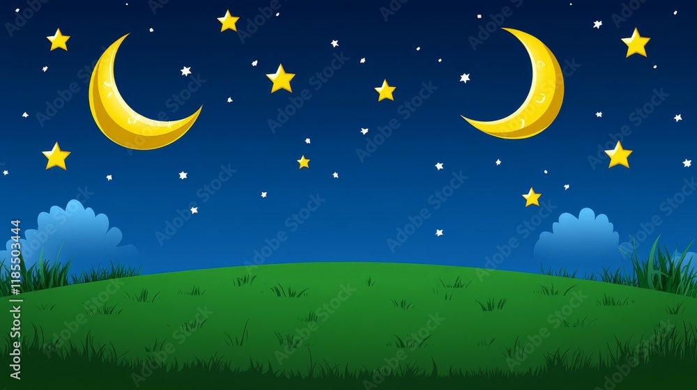 Naklejka premium Serene Night Scene with Crescent Moons and Twinkling Stars Over a Hill