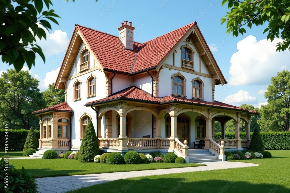 Classic Austrian-style house with a spacious veranda and ornate details, rustic charm, natural materials Classic Austrian-style house with a spacious veranda and ornate details, rustic charm, natural materials