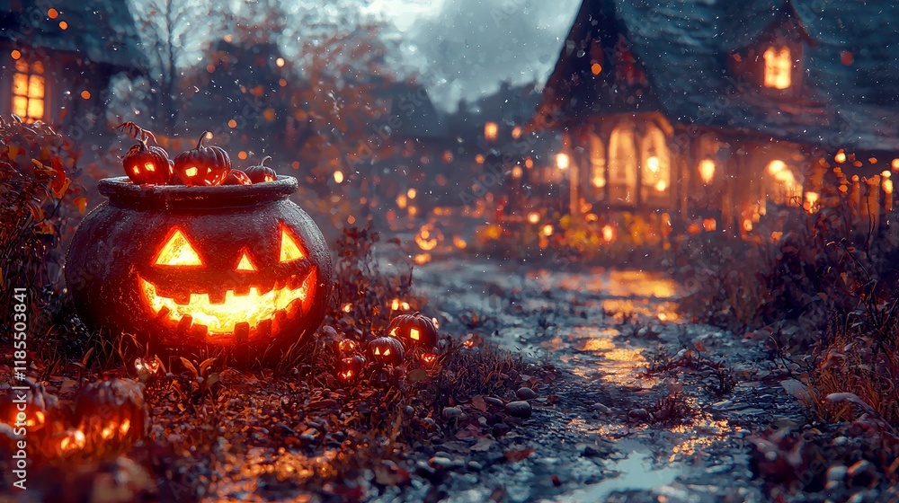 Enchanted Halloween Village: Jack-o'-lanterns Glowing on a Snowy Night Enchanted Halloween Village: Jack-o'-lanterns Glowing on a Snowy Night