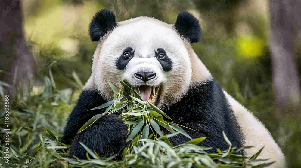 A panda eating bamboo in a natural setting, showcasing its playful and gentle nature. A panda eating bamboo in a natural setting, showcasing its playful and gentle nature.