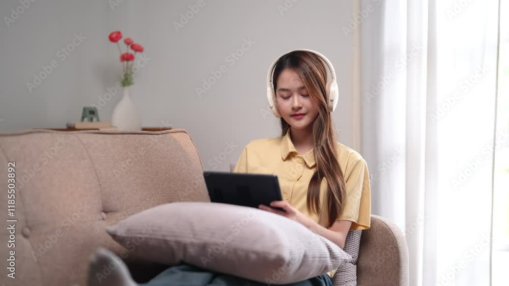 A woman smiling while engaging in a video call on her laptop, seated on a couch in a cozy home environment A woman smiling while engaging in a video call on her laptop, seated on a couch in a cozy home environment