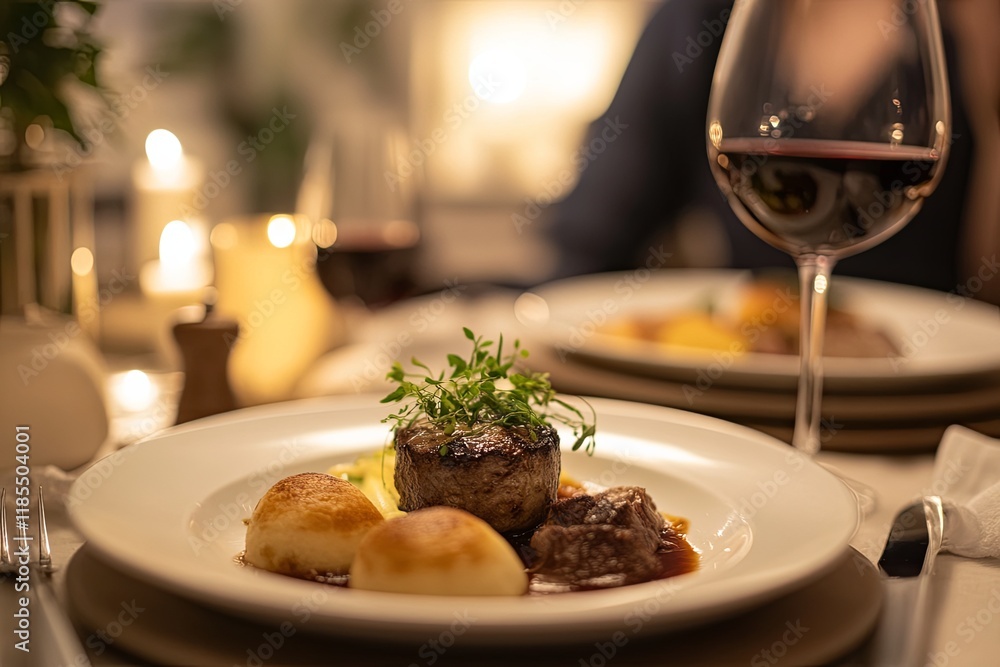intimate and cozy atmosphere of a romantic dinner with pan-roasted beef and red wine intimate and cozy atmosphere of a romantic dinner with pan-roasted beef and red wine