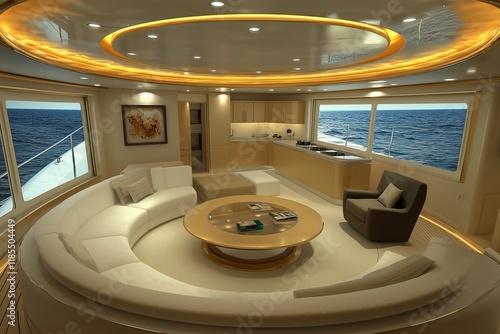 Obraz na płótnie Opulent yacht living room 3D view from above with ocean-facing windows. w salonie