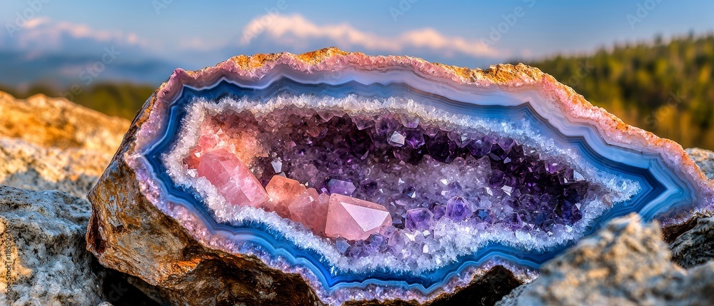 Fototapeta premium Amethyst Geode Crystal Rose Quartz Agate Mineral Rock Formation