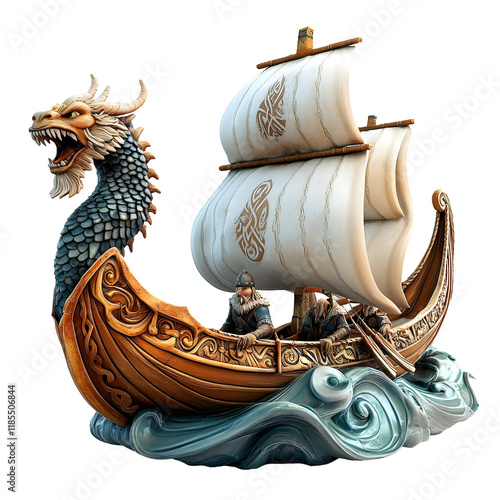 Ornate Viking Ship with Dragon Head Prow, Sailors, and Sails Decorated with Knotwork, Isolated on Transparent Background.
