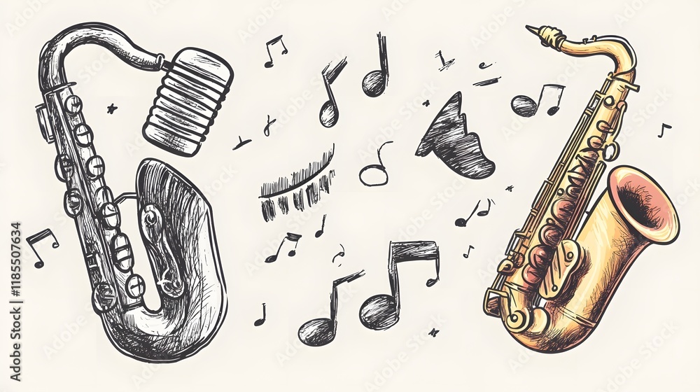 Naklejka premium Saxophones and Musical Notes Artistic Illustration