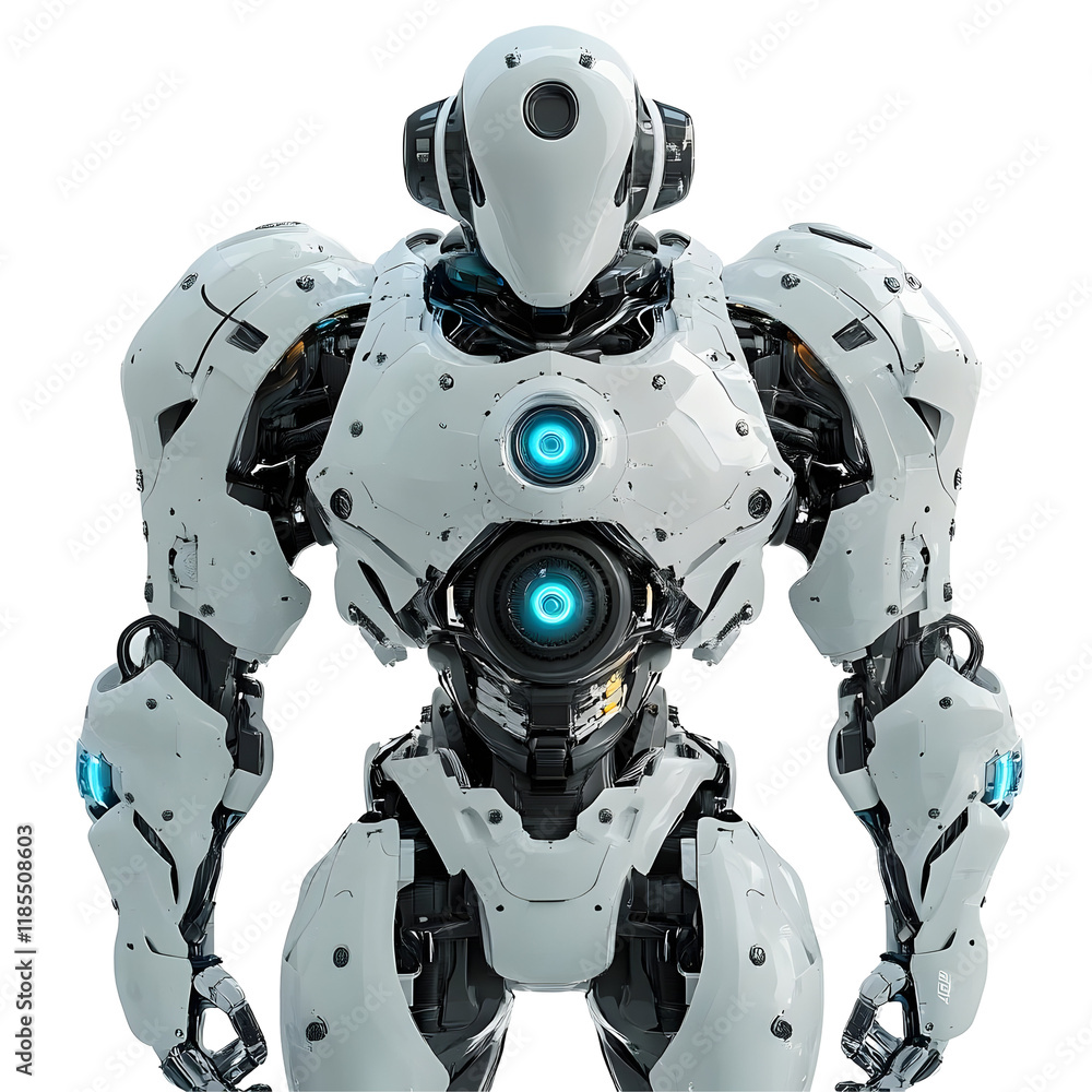 White humanoid robot with glowing blue lights and articulated joints isolated on transparent background. White humanoid robot with glowing blue lights and articulated joints isolated on transparent background.