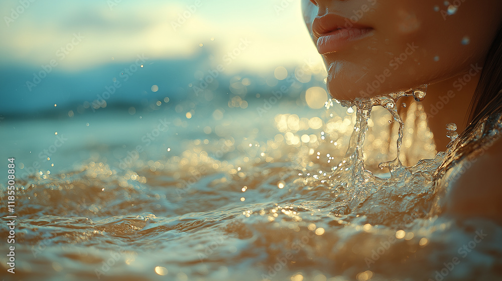 Obraz premium Person Enjoying a Relaxing Shower on a Sandy Beach with Ocean Waves