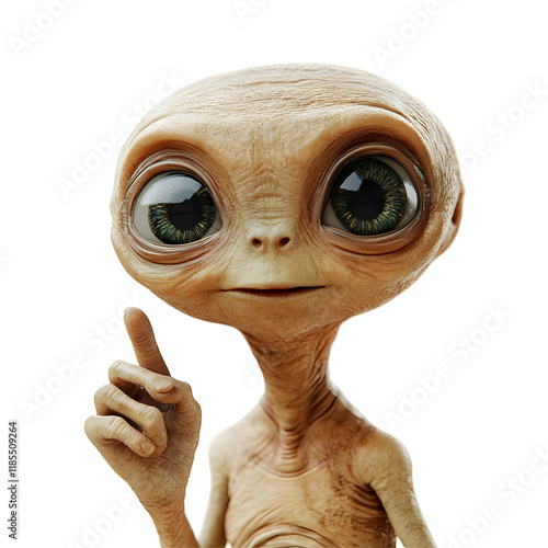 Fototapeta Naklejka Na Ścianę i Meble -  Cute Alien with Big Eyes Pointing Up with a Finger Isolated on Transparent Background