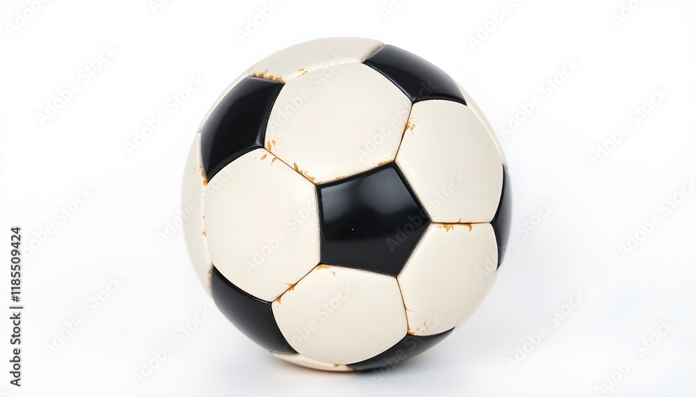 Fototapeta premium Classic black and white soccer ball with visible wear, isolated on a clean white background, symbolizing sports and nostalgia