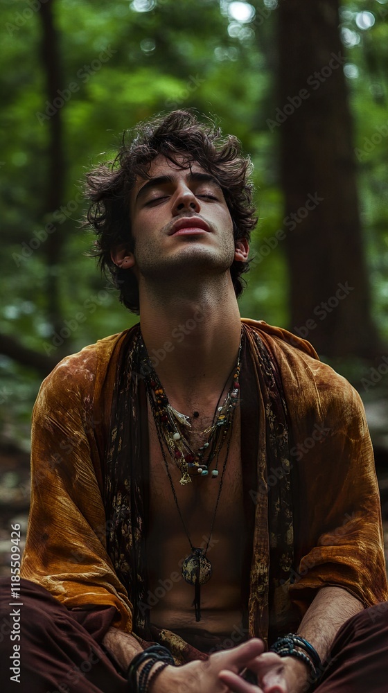 Fototapeta premium Serene Man in Forest: A Moment of Peace and Tranquility