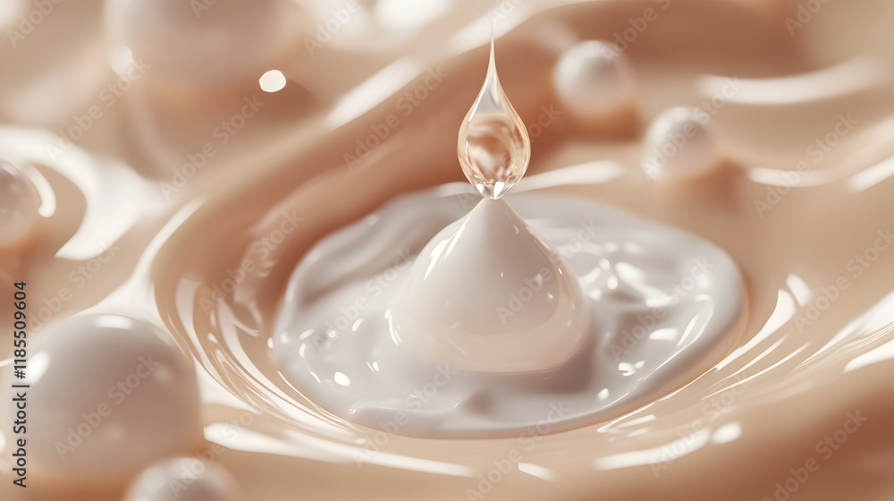 Creamy Liquid Droplets Falling into Swirling Lotion Creamy Liquid Droplets Falling into Swirling Lotion