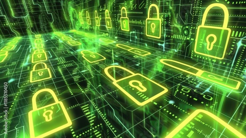 Digital locks and security symbols in futuristic cyber environment create sense of protection and technology. vibrant green colors enhance digital theme photo