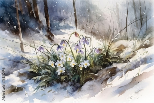 primrose flowers under the snow in the forest, illustration., watercolor style, Generative AI