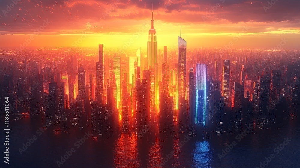 A vibrant city skyline at sunset, showcasing towering skyscrapers illuminated by warm orange and red hues. A vibrant city skyline at sunset, showcasing towering skyscrapers illuminated by warm orange and red hues.