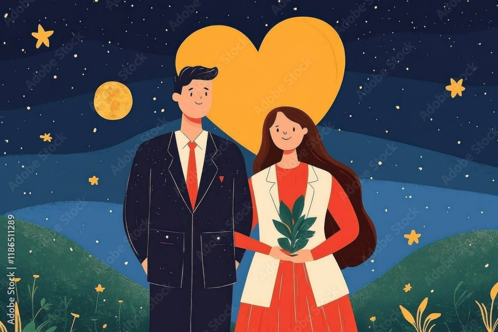A couple holding a plant under a starry sky with a heart-shaped background. A couple holding a plant under a starry sky with a heart-shaped background.