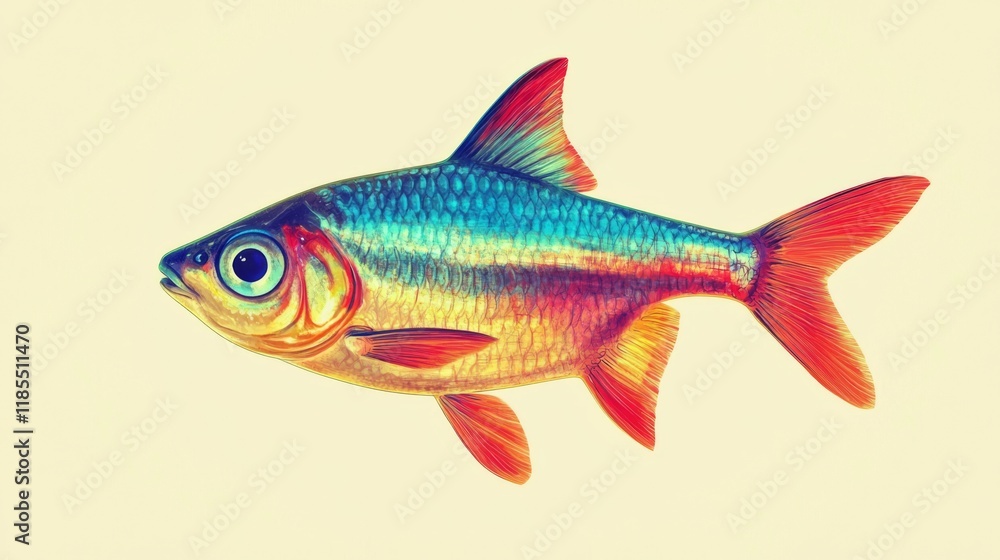 Fototapeta premium A colorful illustration of a fish showcasing vibrant hues of blue, orange, and yellow, against a soft, neutral background.
