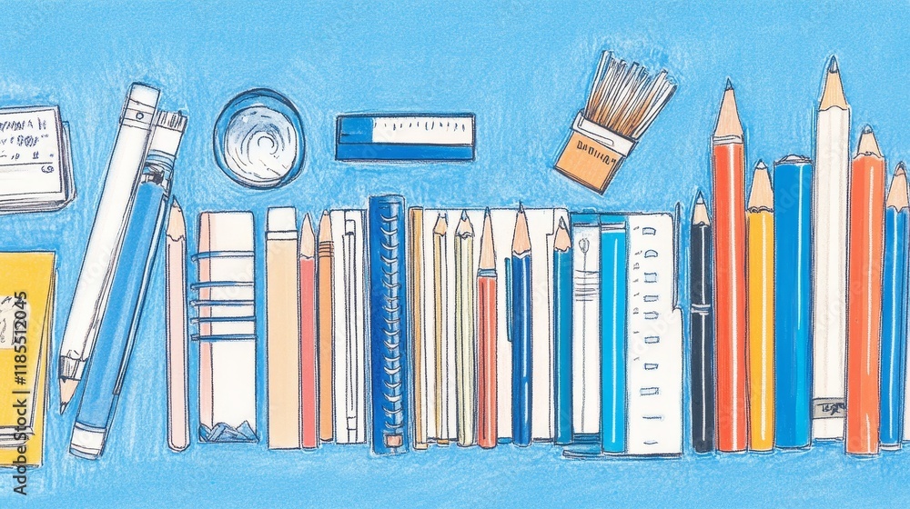 A vibrant collection of stationery and books arranged on a blue background A vibrant collection of stationery and books arranged on a blue background