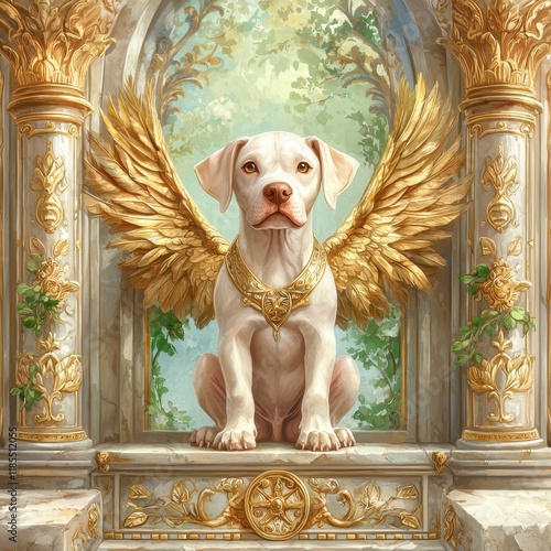 Fantasy inspired hybrid animal artwork concept for storytelling. A majestic dog with wings sits in an ornate, golden setting photo