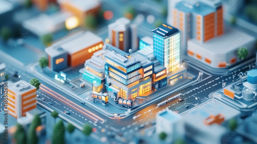 Aerial View of a Detailed Miniature Cityscape Model with Brightly Lit Modern Buildings and Urban Streetscape Featuring Roads and Green Spaces Aerial View of a Detailed Miniature Cityscape Model with Brightly Lit Modern Buildings and Urban Streetscape Featuring Roads and Green Spaces