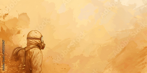 Desert explorer in dusty landscape, Solitary journey in sandy wasteland