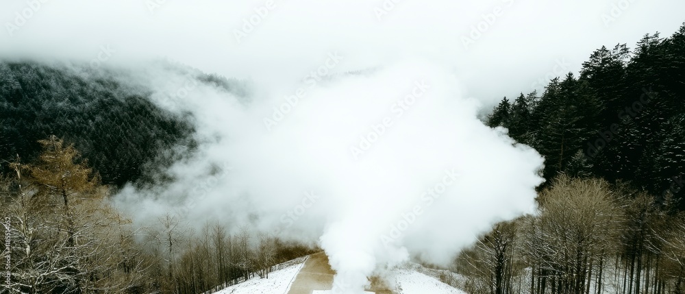 Misty Mountain Road Winter Fog Snow Forest Aerial View Misty Mountain Road Winter Fog Snow Forest Aerial View