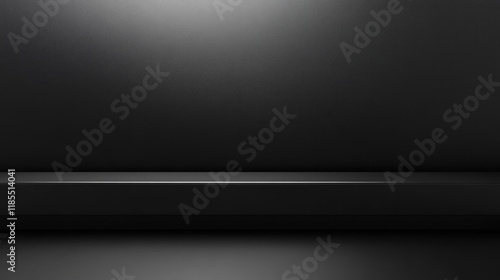 Dark studio background with black shelf, spotlight.