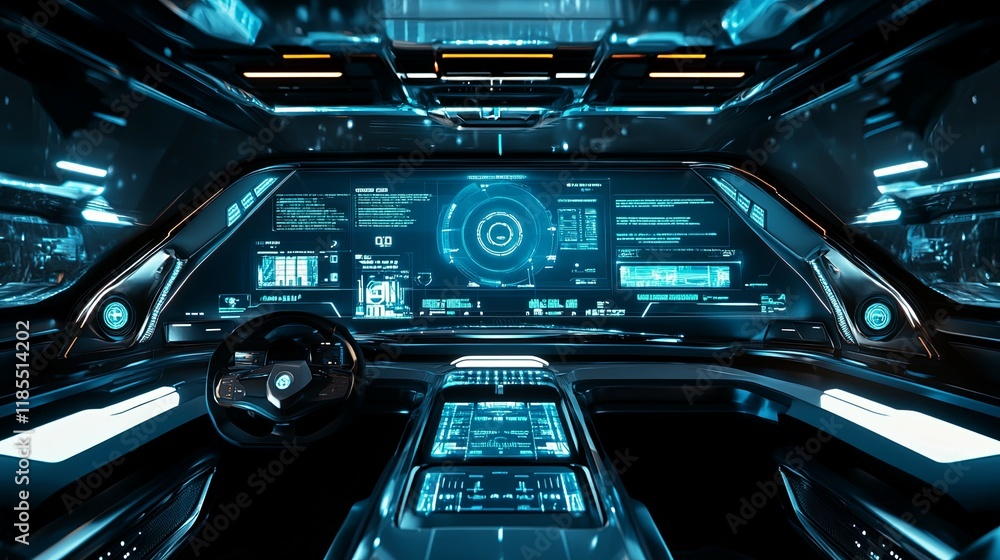 Fototapeta premium Futuristic Spaceship Cockpit: Glowing Blue Interface Design