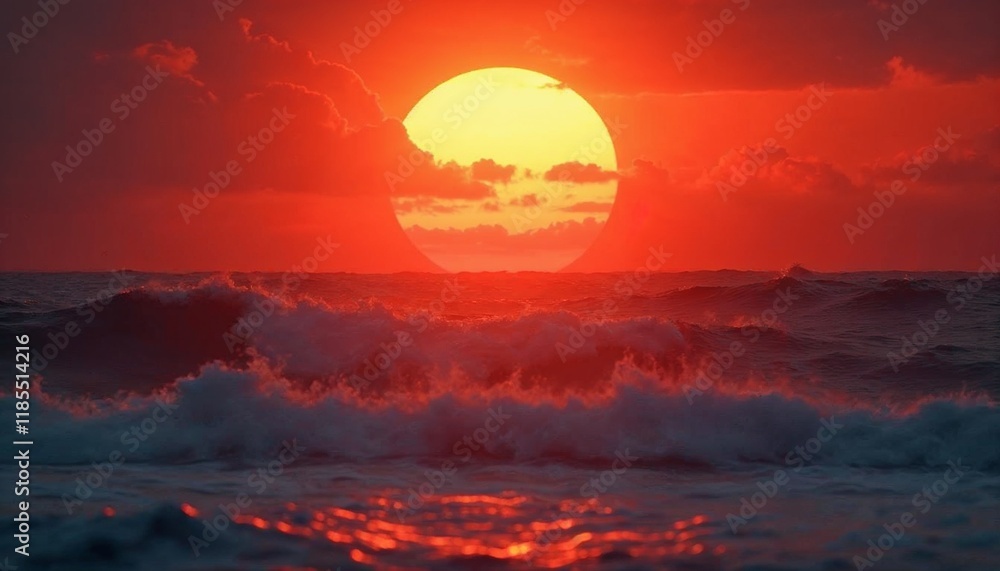 Fototapeta premium Fiery Sunset Ocean: Dramatic Waves and Golden Sun