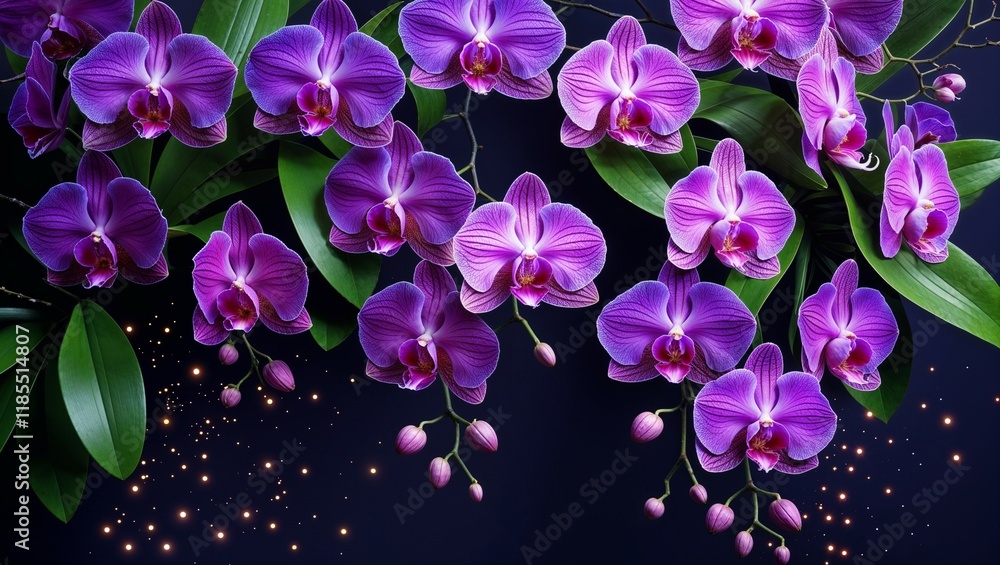 Purple orchids and flowers blooming on a black background Purple orchids and flowers blooming on a black background
