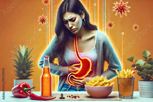 Woman suffering from heartburn on turquoise background. Stomach with erupting volcano symbolizing acid indigestion, illustration