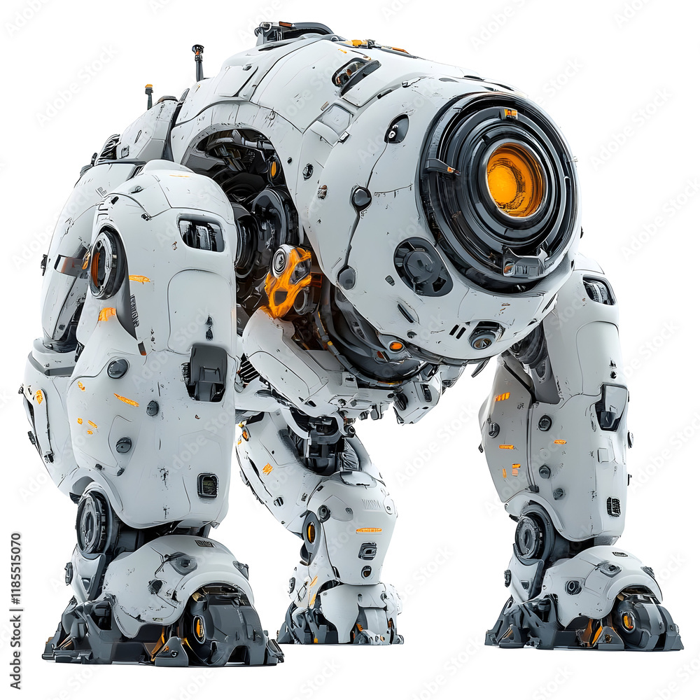 Futuristic robot with glowing orange lights isolated on transparent background. Futuristic robot with glowing orange lights isolated on transparent background.