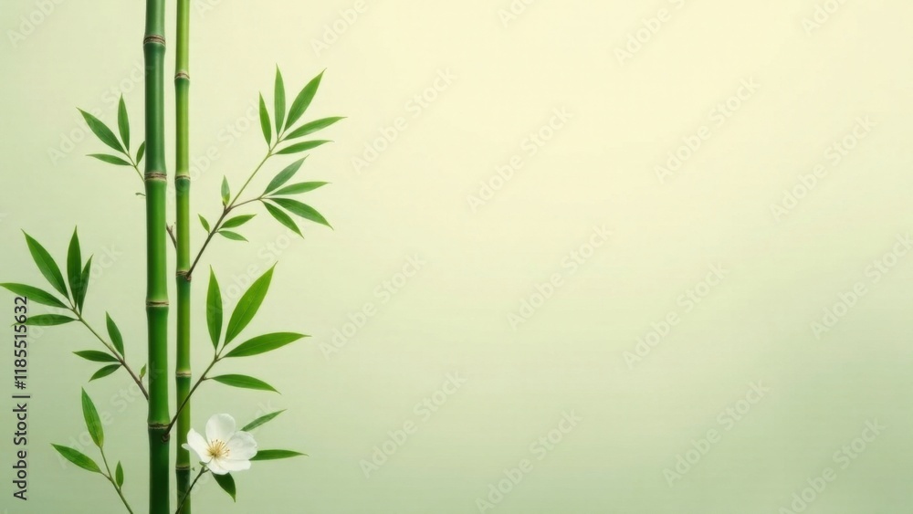 Serene Bamboo Shoots with Delicate White Blossom Against a Soft Green Backdrop Serene Bamboo Shoots with Delicate White Blossom Against a Soft Green Backdrop
